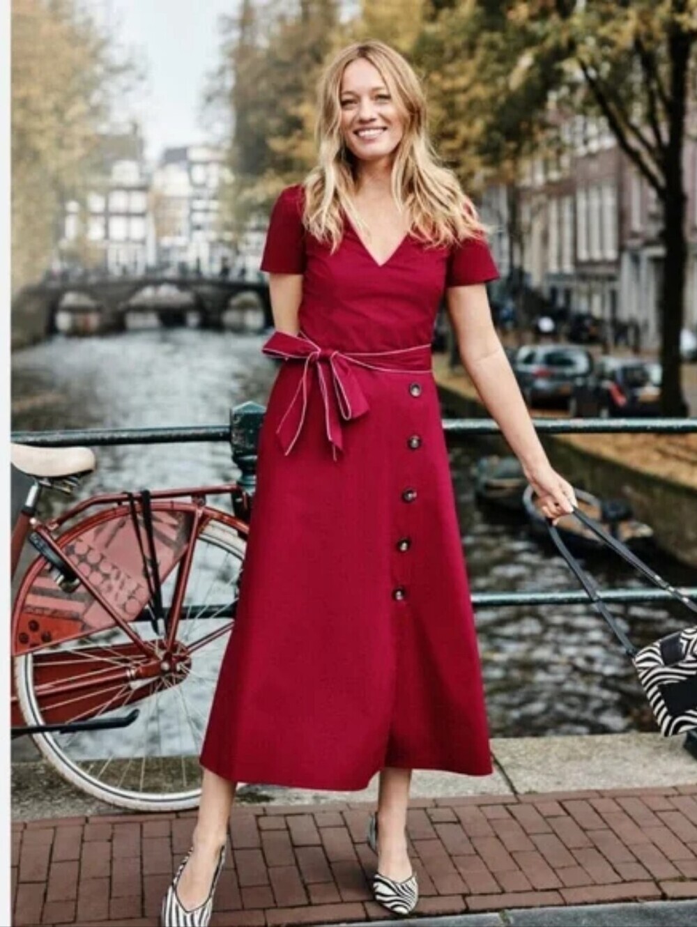 Boden Cotton V-neck Tie Waist Asymmetrical Button Skirt Dress Size  6 Regular